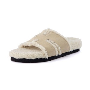 CUSHIONAIRE Cuddle Fur Slippers for Women Faux Shearling Slide Sandal +Memory Foam, Wide Widths Available - 1 of 4