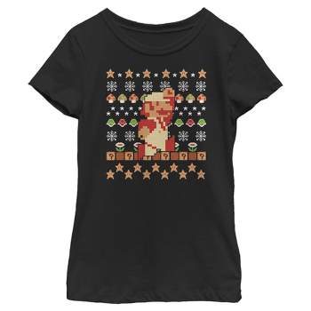 Girl's Nintendo Ugly Christmas Super Mario Pixel T-Shirt