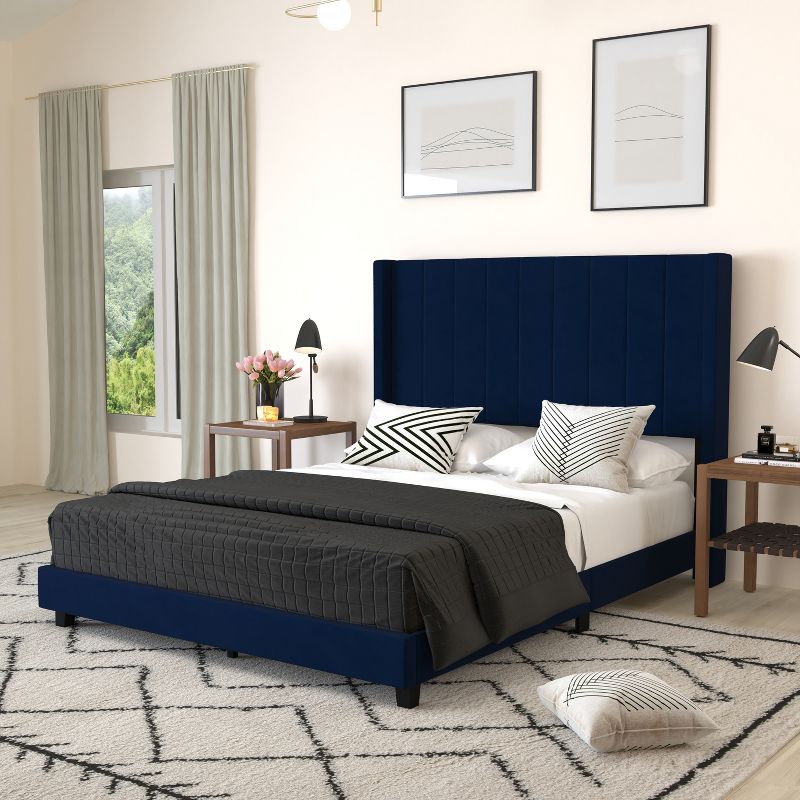 Merrick Lane Modern Upholstered Platform Bed Frame with Padded, Tufted Wingback Headboard and Wood Support Slats, No Box Spring Required, 3 of 13