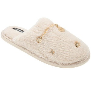 bebe Women’s Slippers - Plush House Slippers with Faux Fur and Gold Chain Accent - 1 of 4