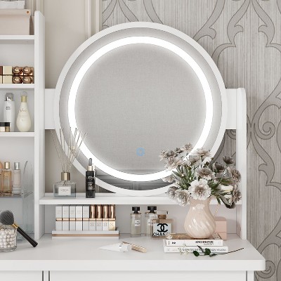 White Wood Makeup Vanity Set with LED Mirror and Stool