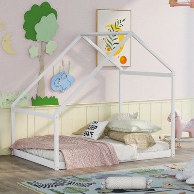 Full/Twin Size Wooden House Bed (with a Twin Size Trundle Bed), White/Gray/Natural, 4A -ModernLuxe