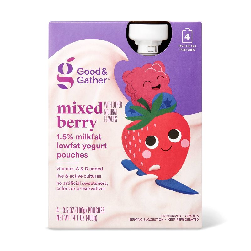 Mixed Berry Lowfat Kids&#39; Yogurt - 4ct/3.5oz Pouches - Good &#38; Gather&#8482;, 1 of 4
