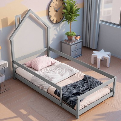 Dovelina Twin Size Wood Bed with House-shaped Headboard Floor Bed with Fences, Light Green