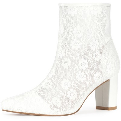 BLISSFUL STEP Pointed Toe Block Heels Floral Lace Ankle Boots for Women