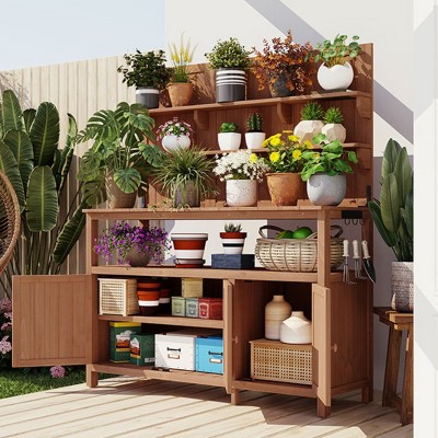 Outdoor 50.2" Potting Bench with Hutch, Solid Fir Wood Garden Workstation, Large Countertop with Shelves and Cabinets-Coolbibila
