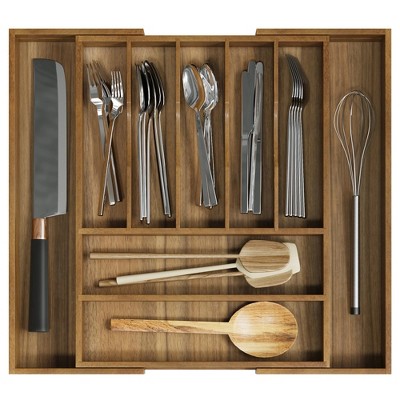 LunaLulinlk Acacia Wood Silverware Organizer Expandable Storage Drawer Organizer for Kitchen,9 Slot