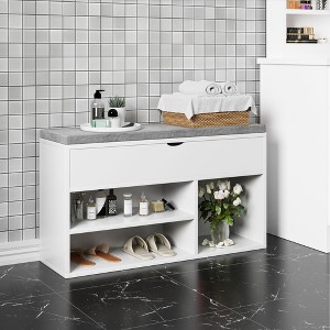 Acekool Shoe Storage Bench with Lift-Up Hidden Compartment, 3-Cube Open Rack & Cushion, Entryway and Hallway Seating Organizer - 1 of 4