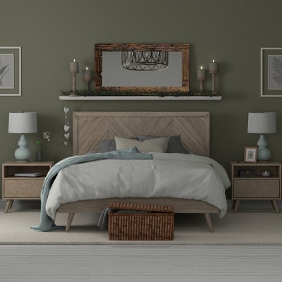 Queen Grey Mahogany Chevron Wood Bed Frame with Headboard