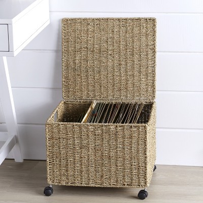 Lakeside Seagrass File Organizer Basket with Rolling Caster Wheels and Top Flap