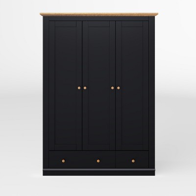 Chery Life 70.1" Tall 3 Doors Armoire Wardrobe Closet with 2 Drawers, Wooden Wardrobe Cabinet with Hanging Rail and Shelve for Bedroom, Black
