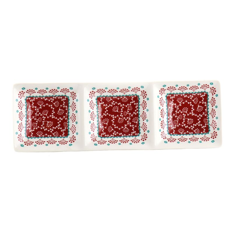 Gibson Home Village Vines 13.5 Inch Ceramic Rectangular 3 Section Tray in Red, 1 of 7