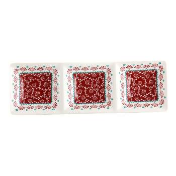 Gibson Home Village Vines 13.5 Inch Ceramic Rectangular 3 Section Tray in Red