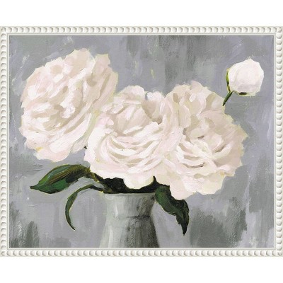 White Blooms in Gray Vase II Canvas Print with White Frame