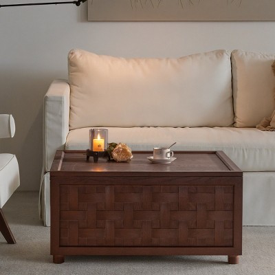 Square Wood Coffee Table with Hidden Storage,Woven Pattern Design,Modern Living Room Accent Center Table for Living Room Apartment-Coolbibila