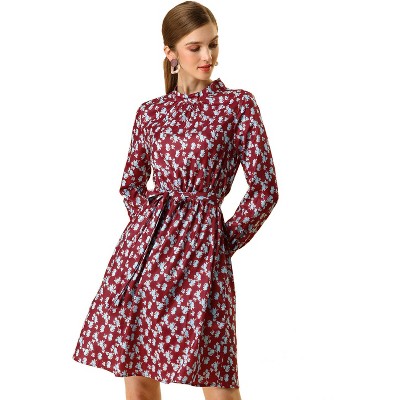 Women's Boho Dress Tie Mock Neck Swing Knee Length Long Sleeve A-line Floral Dots Dress Vintage High Waist Flared Dress 