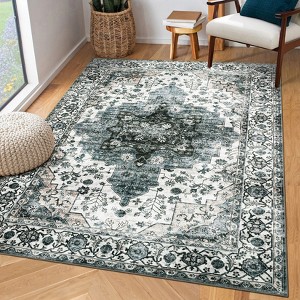 Vintage Medallion Washable Throw Rug, Non-Slip, Non-Shedding Soft Low Pile Carpet, Foldable Indoor Floor Cover for Living Room, Dining Room. - 1 of 4