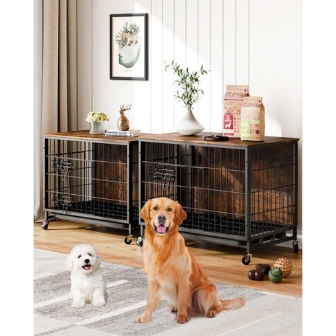 38.6 Dog Crates for Large Dogs Wooden Dog Crate Furniture with Removable Tray and Wheels Double Doors Brown