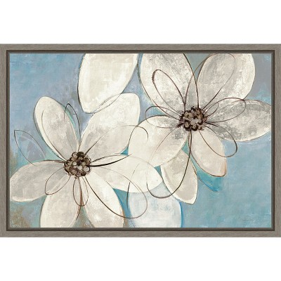Silvia Vassileva Blue and Neutral Floral Canvas Print with Gray Frame