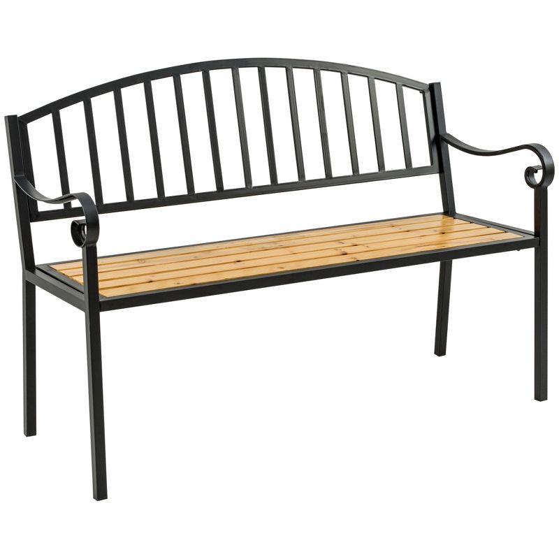 Outsunny 50" Garden Bench, Patio Loveseat with Antique Backrest, Wood Seat and Steel Frame for Backyard or Porch, 1 of 6