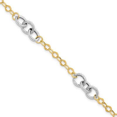 Black Bow Jewelry 14k Two Tone Gold 7mm Polished & Textured Link Chain Bracelet, 7.5 In
