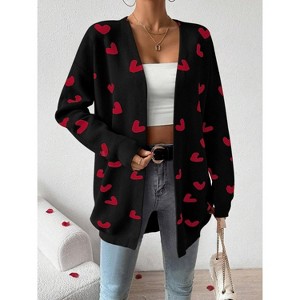 Heart Cardigan Sweater for Women Oversized Valentine Cardigan Cute Love Print Open Front Knit Sweaters Coat with Pockets - 1 of 4