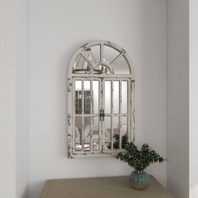 Vintage Farmhouse 26x46 Distressed White Wooden Arched Wall Mirror