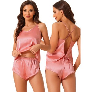 cheibear Women's Sliky Satin Sleeveless Cami Sleepwear with Shorts Lounge Pajamas Set - 1 of 4