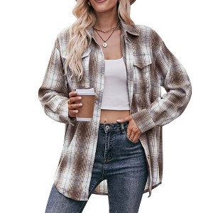 Clearlove Womens Fashion Shacket Casual Jacket Plaid Button Down Long Sleeve Shirt Fall Winter Outfits - 1 of 4