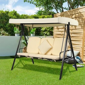 Outdoor 3-Seater Porch Swing with Adjustable Canopy, Cushions & Pillow, Waterproof Hanging Patio Bench for Backyard, Beige - 1 of 4