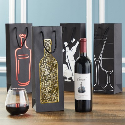 Elegant Black Metallic Foil Wine Gift Bags with Handles, 12 Pack