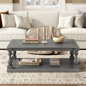 Pine Coffee Table with MDF Top and Vase Column Legs,Vintage Living Room Table with Pine Veneer,Rectangular Retro Center Table-Cuddlewood - 1 of 4
