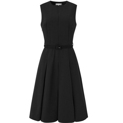 INSPIRE CHIC Women's Round Neck Sleeveless Zip Front Belted Fit Flare Work Dresses