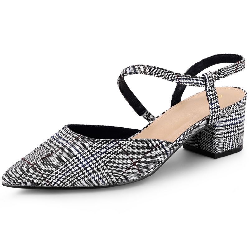 Perphy Houndstooth Printed Pointed Toe Slingback Chunky Heels Mules for Women, 1 of 8