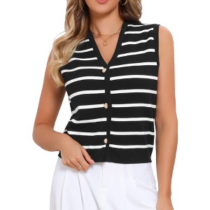 INSPIRE CHIC Women's V-Neck Sleeveless Button Down Knitted Striped Sweater Vest - 1 of 4