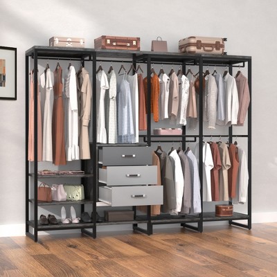 Aheaplus 74'' Closet Organizer with Wood Drawers, Garment Rack with Wood Shelves and Hanging Rods