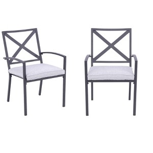 HomeRoots Set of Two Dark Gray Aluminum Outdoor Stacking Dining Chairs with Light Gray Cushion - 1 of 4