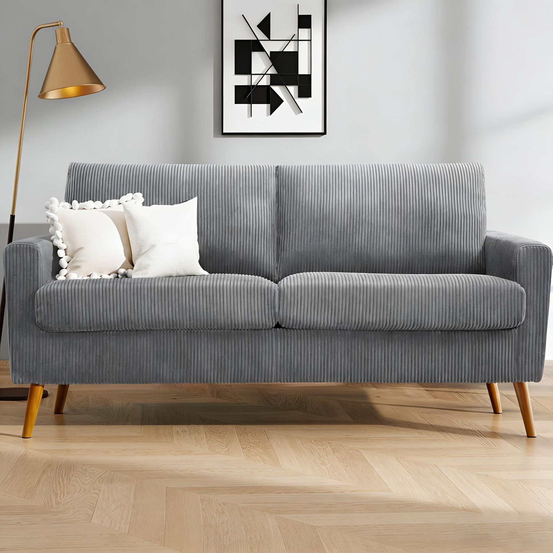 Mid Century Modern Loveseat, 68-inch Grey Corduroy 2-Seater Sofa with 24-inch Deep Seat, Solid Wood Frame, Tool-Free Assembly for Small Spaces