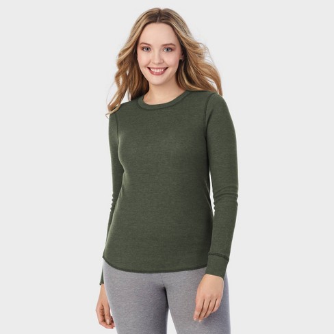 Warm Essentials By Cuddl Duds Women's Waffle Long Sleeve Crewneck Pajama  Top - Forest Green L : Target