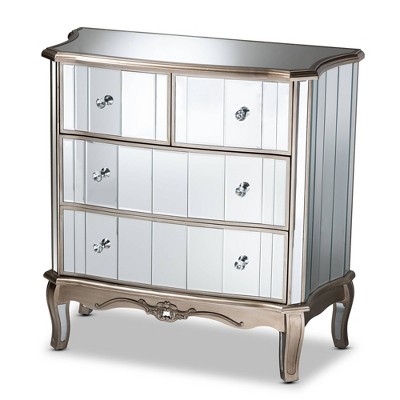 Elgin Brushed Wood and Mirrored Glass 4 Drawer Cabinet Silver/Mirror - Baxton Studio