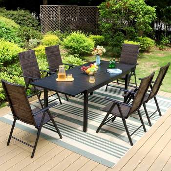 7pc Outdoor Dining Set with 7 Position Adjustable Folding Wicker Chairs & Expandable Metal Table - Captiva Designs