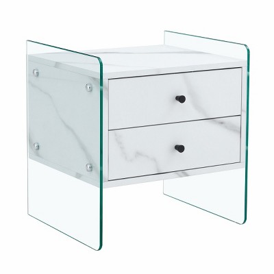 GlasFlength Coffee Tables Modern Bedside Table Double Drawer Storage Clear Glass Design For Bedroom Living Room Decor, White, 17.7"*15.5"*19"