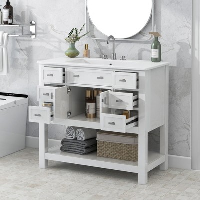 Grungis Bathroom Vanity with Top Single Sink,Modern Bathroom Storage Cabinet with 2 Soft Closing Doors and 6 Drawers
