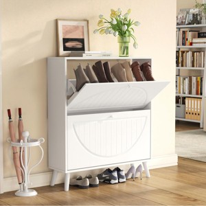 31.5" Narrow Flip Drawer Shoe Cabinet with Carved Front & Solid Wood Legs, Anti-Tip for Entryway or Small Spaces-3irtyhousy - 1 of 4