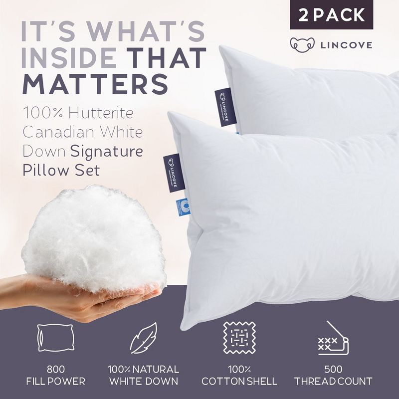 Lincove Signature 100% Canadian Down Luxury Sleeping Pillow - 800 Fill Power, 500 Thread Count Cotton Shell, 2 Pack, 3 of 9