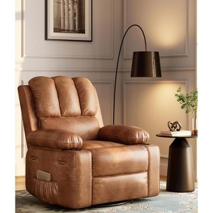22" Rocker Recliner Chair, 1.5X Sponge Filling, 360 Degree Swivel, PU Leather, Side Pockets and Cup Holders, Reclining 135 Degrees - 1 of 4