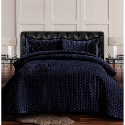 3pc Queen Lugano Honeycomb Velvet Oversized Solid Quilt Set Indigo -  Tribeca Living