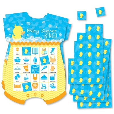 Big Dot of Happiness Ducky Duck - Picture Bingo Cards and Markers - Baby Shower Shaped Bingo Game - Set of 18