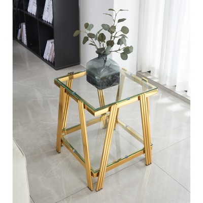 NicBex Modern Double-Layer Clear Tempered Glass Coffee Table with Unique Stainless Steel Legs,Living Room End Table with Storage