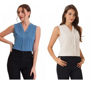 INSPIRE CHIC Women's Pleated V Neck Solid Work Sleeveless Blouse 2 Packs - 1 of 4